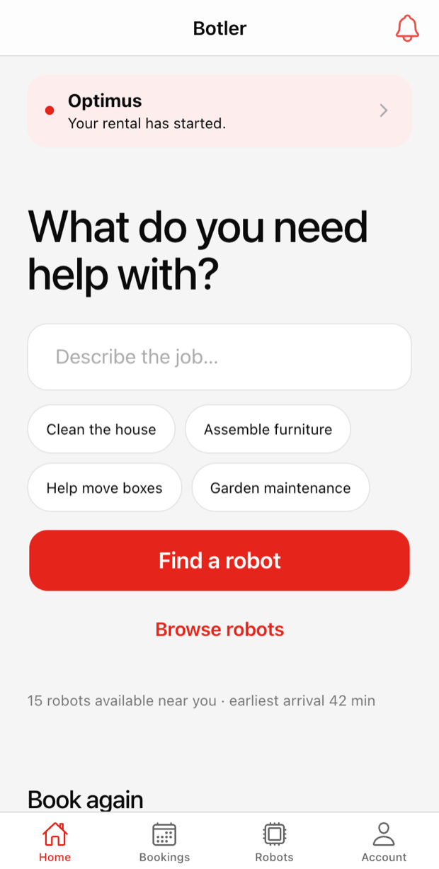 The Botler app home screen, headed “What do you need help with?”, with a box to describe the job and shortcuts for cleaning, furniture assembly, moving boxes and gardening.