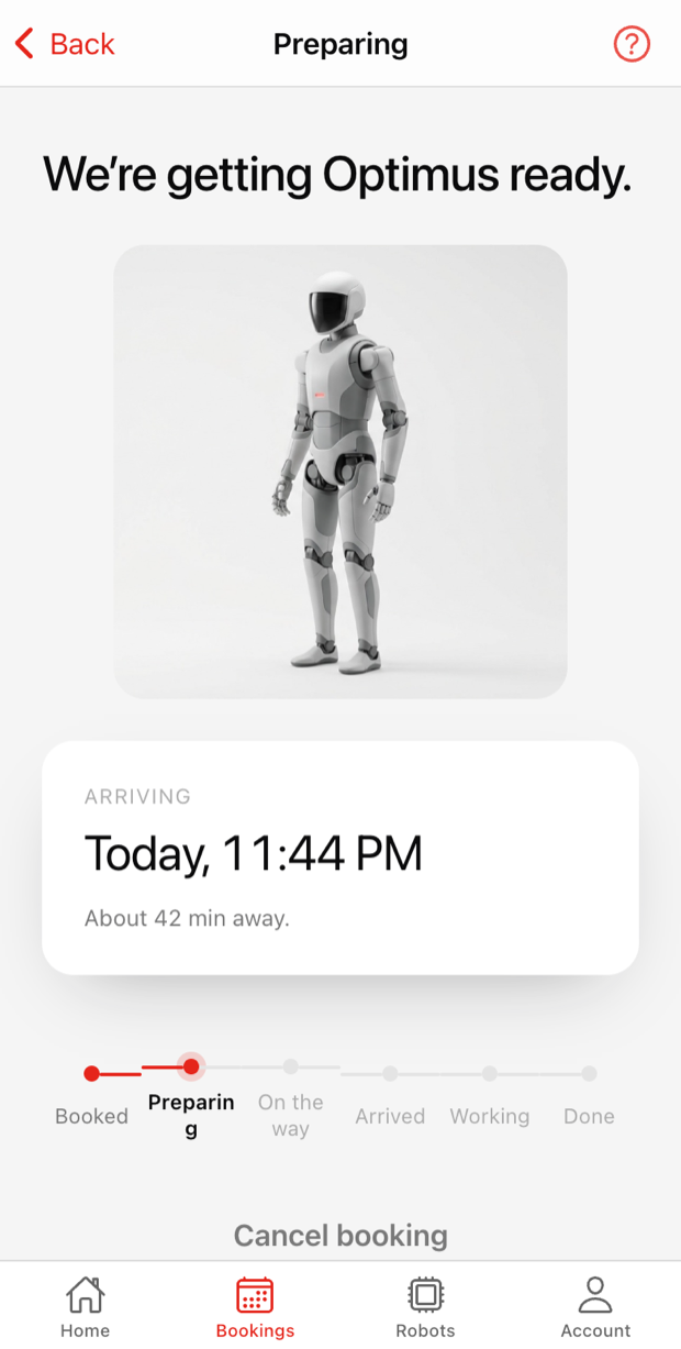 The Botler app tracking screen reading “We’re getting Optimus ready”, an arrival time of 11:44 PM about 42 minutes away, and a progress line from Booked through Preparing, On the way, Arrived and Working to Done.