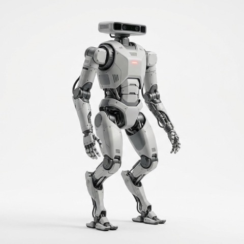 Digit, a lean humanoid robot with reverse-jointed legs and a sensor bar for a head