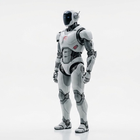 Figure, a white and grey humanoid robot with a dark angular head and heavy arms
