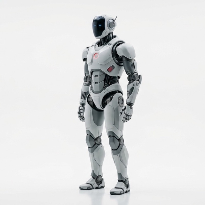 Figure, a white and grey humanoid robot with a dark angular head and heavy arms