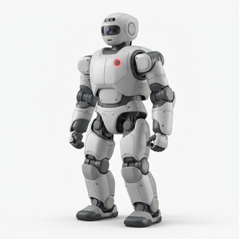 G1, a compact white humanoid robot with a camera cluster for a head