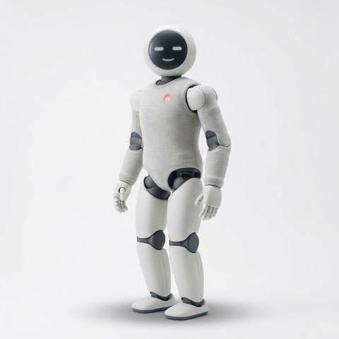 Neo, a soft-bodied humanoid robot in a knitted grey shell with a rounded face screen