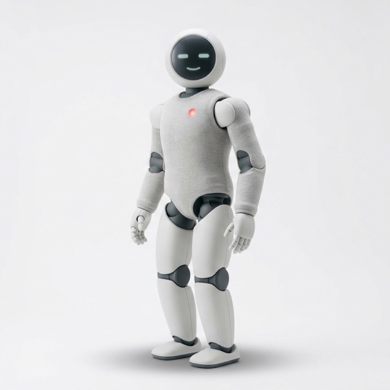Neo, a soft-bodied humanoid robot in a knitted grey shell with a rounded face screen