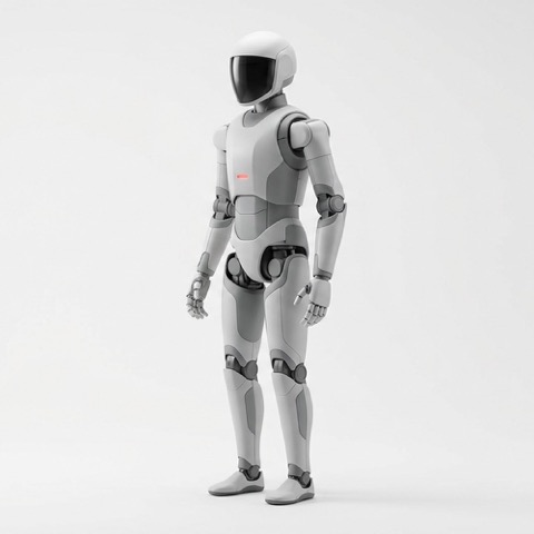 Optimus, a tall white general-purpose humanoid robot with a dark visor